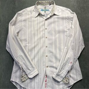 Robert Graham Mens Button Down Shirt L White Dot Stripe Flip Cuff Paisley Trim